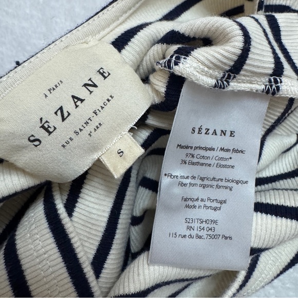 Sezane sz S Theodora T Shirt Top Henley Striped Short Sleeves Ecru Navy - Picture 3 of 6
